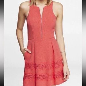 Express Coral Lace Zip-Front Skater Dress